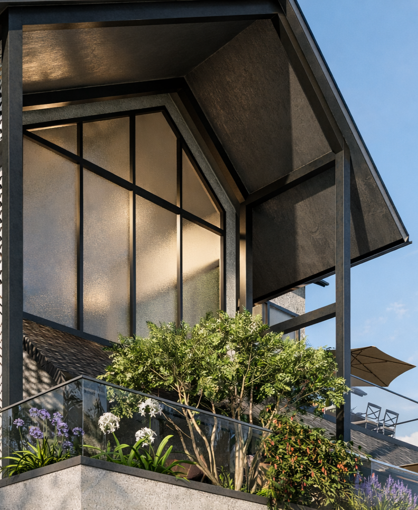 Urban architecture reflecting steel and glass